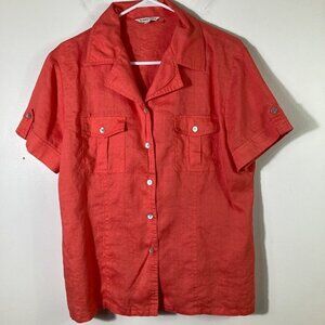 Womens Jennifer Eden Ramie‎ Button Shirt Short Sleeve Orange L